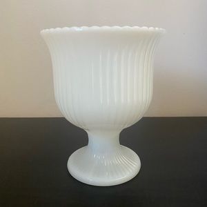 Vintage E.O. Brody Milk Glass Pedestal Ribbed Vase with Scalloped Edge